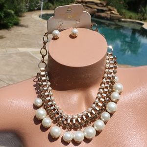 New! Chunky Boho Pearl Statement Necklace Earrings